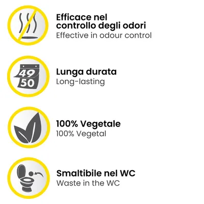 Efficace nel controllo degli odori, lunga durata, 100% vegetale, smaltibile nel WC. Testo in italiano e inglese visibile nell'immagine.