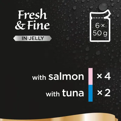 Pack contains 6 pouches of 50g each: 4 with salmon and 2 with tuna, in jelly.