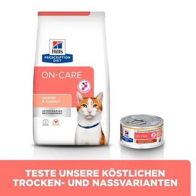 Hill's Prescription Diet On-Care Trocken- und Nassfutter. Text: Teste unsere köstlichen Trocken- und Nassvarianten. Veterinär empfohlen.