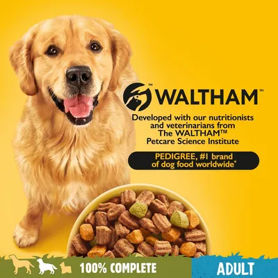 WALTHAM. Developed with our nutritionists and veterinarians from The WALTHAM Petcare Science Institute. PEDIGREE, #1 brand of dog food worldwide. 100% COMPLETE. ADULT.
