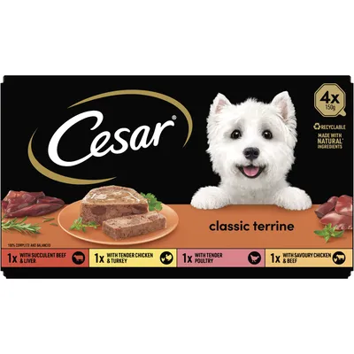 Cesar classic terrine multipack, 4 x 150g trays: 1 with beef and liver, 1 with chicken and turkey, 1 with poultry, 1 with chicken and beef. Made with natural ingredients.