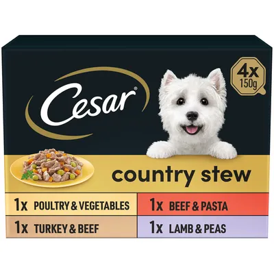 Cesar country stew multipack, 4 x 150g trays: 1 poultry and vegetables, 1 beef and pasta, 1 turkey and beef, 1 lamb and peas. Product image shows food variety breakdown.