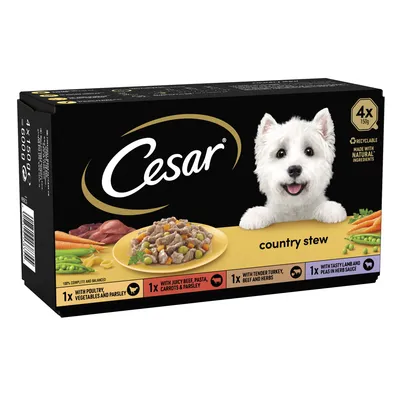 Cesar country stew multipack, 4 x 150g trays. Includes poultry with vegetables and parsley, beef with pasta, carrots and parsley, turkey with beef and herbs, lamb with peas in herb sauce.