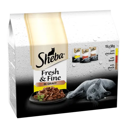 Sheba Fresh & Fine in Gravy, 15 x 50g pouches with chicken, beef and duck varieties shown on packaging.