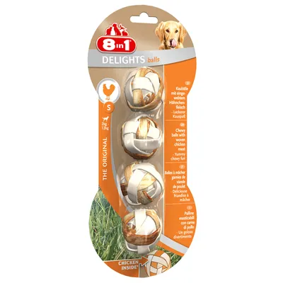 8in1 Delights balls S, kauwballen met gevlochten kippenvlees voor honden 2–12 kg, verpakking met vier stuks. Tekst: 'CHICKEN INSIDE', 'THE ORIGINAL'.