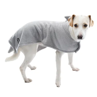 Dog wearing grey terry coat with logo print on the side. Product for drying or warmth for dogs.
