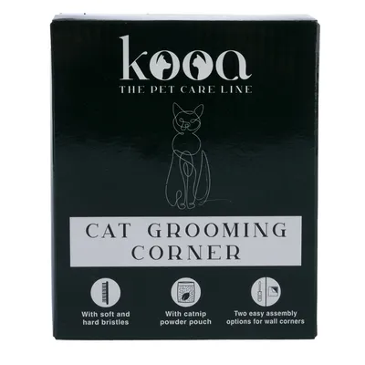kooa Cat Grooming Corner. With soft and hard bristles, pouch with catnip powder, two easy mounting options for wall corners.
