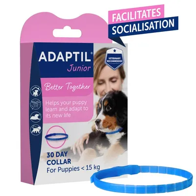 Adaptil Junior 30 day collar for puppies under 15 kg, helps your puppy learn and adapt to its new life, facilitates socialisation, veterinary recommended.