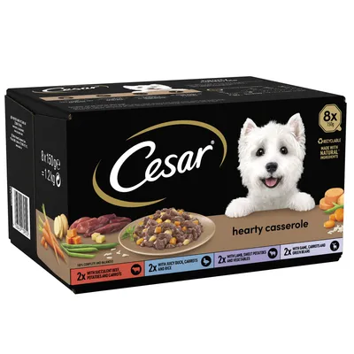 Cesar hearty casserole multipack, 8 x 150g trays. Includes beef with potatoes and carrots, duck with carrots and rice, lamb with sweet potatoes and vegetables, game with carrots and green beans.