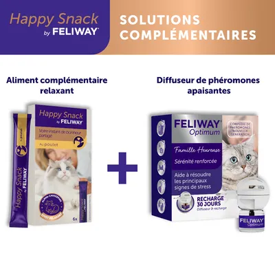 Happy Snack by Feliway aliment complémentaire relaxant au poulet, pack de 6 sticks + Feliway Optimum diffuseur de phéromones apaisantes recharge 30 jours, aide à réduire le stress du chat.