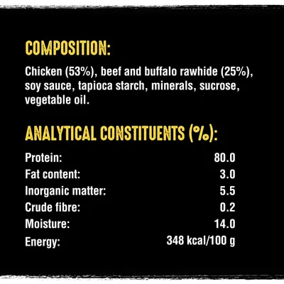 Composition: chicken 53%, beef and buffalo rawhide 25%, soy sauce, tapioca starch, minerals, sucrose, vegetable oil. Analytical constituents: protein 80%, fat 3%, energy 348 kcal/100g.