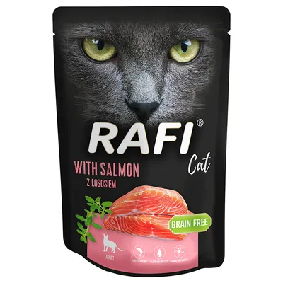 Katzenfutter für Erwachsene, mit Lachs, getreidefrei. Symbole: vollständiges Protein, leicht verdaulich, reich an Omega-3.