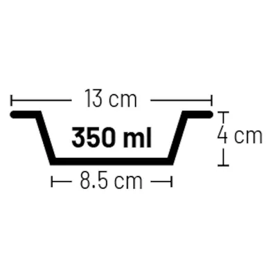 Diagram s rozměry misky: objem 350 ml, šířka 13 cm, hloubka 8,5 cm, výška 4 cm.