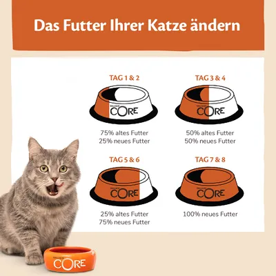 Tableau de transition alimentaire pour chat, texte en allemand : jours 1-2 75% ancien/25% nouveau, jours 3-4 50%/50%, jours 5-6 25%/75%, jours 7-8 100% nouveau. Marque CORE visible.