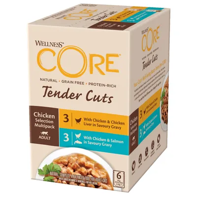Wellness CORE Tender Cuts Chicken Selection Multipack für erwachsene Katzen. 6 Portionsbeutel: 3 mit Huhn & Leber, 3 mit Huhn & Lachs in Sosse. Natürlich, getreidefrei, proteinreich.
