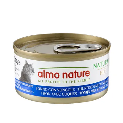Almo Nature Natural HFC, Thunfisch mit Venusmuscheln, 70g Dose. Text: All profits to the planet.