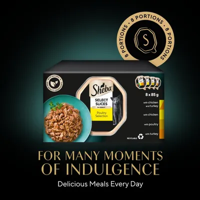 Sheba Select Slices in Gravy Poultry Selection, 8 portions of 85g each with chicken and turkey, chicken, poultry, and turkey. Delicious meals every day.