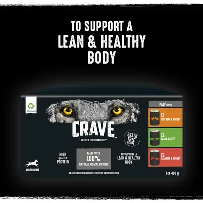 Crave grain free recipe, high quality protein, made with 100% natural animal protein. Contains 2 chicken and turkey, 2 lamb and beef, 2 salmon and turkey. No artificial additives.