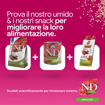 N&D Quinoa skin & coat crocchette, alimento umido e snack. Sviluppato scientificamente per un'alimentazione combinata.
