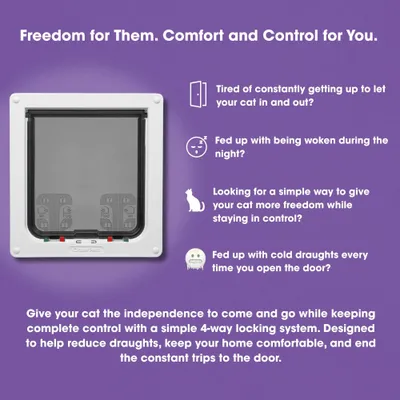 Cat flap with 4-way locking. Description: Independence for your cat, control for you, reduced draughts and less frequent door opening. Cat flap with 4-way locking. Description: Independence for your cat, control for you, reduced draughts and less frequent door opening.