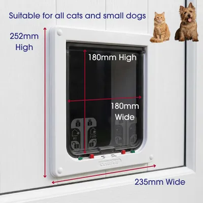 Dimensions of the door: 252 mm high, 235 mm wide; flap opening 180 mm high, 180 mm wide. Text: Suitable for all cats and SMALL DOGS. Dimensions of the door: 252 mm high, 235 mm wide; flap opening 180 mm high, 180 mm wide. Text: Suitable for all cats and SMALL DOGS.
