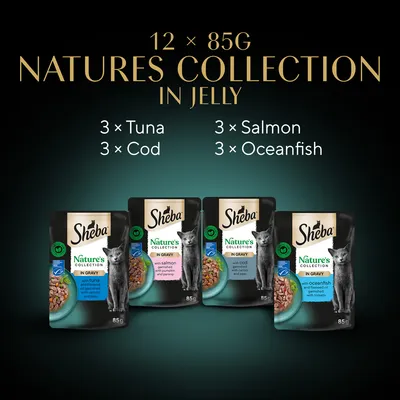 Sheba Nature's Collection in Jelly macskaeledel, 12 × 85 g: 3× tuna, 3× cod, 3× salmon, 3× oceanfish. Csomagoláson angol nyelvű feliratok láthatók.