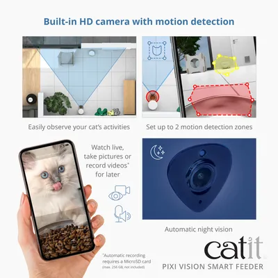 catit PIXI Vision Smart Feeder with integrated HD camera, motion detection, night vision, live streaming, photo and video recording, up to 2 adjustable motion zones. catit PIXI Vision Smart Feeder with integrated HD camera, motion detection, night vision, live streaming, photo and video recording, up to 2 adjustable motion zones.
