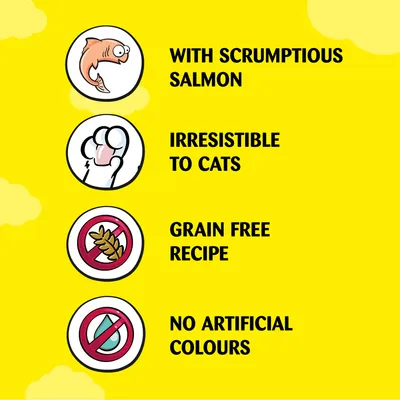 With scrumptious salmon, irresistible to cats, grain free recipe, no artificial colours.