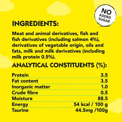 Ingredients: meat, animal and fish derivatives including salmon 4%, vegetable derivatives, oils, fats, milk. Analytical values: protein 3.5%, fat 3.5%, moisture 88.5%. No added sugar.