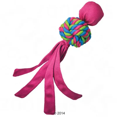 Hundelegetøj med flettet bold i pink, grøn og blå samt lange pink stofstrimler. Materiale: stof og reb. Ingen synlige mærker eller tekst.