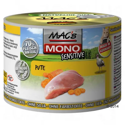 Konzerva MAC's MONO Sensitive Pute, 70 % Fleischanteil, Getreidefrei, Made in Germany, bez sóji, barviv a aromat. Na obalu krůtí maso a mrkev.