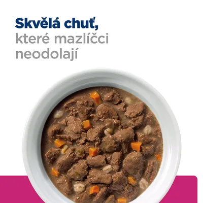 Text v češtine: Skvělá chuť, které mazlíčci neodolají. Miska s kúskami mäsa a zeleniny v omáčke.
