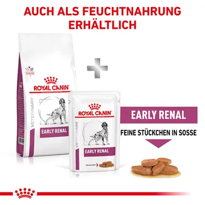 Royal Canin Early Renal VETERINARY, sachet et sac visibles. Texte en allemand : AUCH ALS FEUCHTNAHRUNG ERHÄLTLICH, EARLY RENAL, FEINE STÜCKCHEN IN SOSSE.