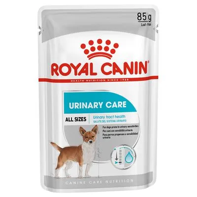 Royal Canin Urinary Care hondenvoer, 85 g. Voor alle maten. Tekst: urinary tract health. Afbeelding van een kleine hond en symbool met druppel en meetglas zichtbaar op verpakking.