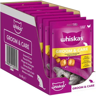 Whiskas Groom & Care cat treats multipack, 8 x 45g, visible text includes 'with chicken', 'with zinc & omega-6 for skin & coat', purple packaging with cat image