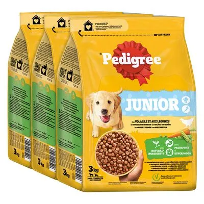 Pedigree Junior hondenvoer, 3 kg zakken, zichtbaar: afbeelding van brokken, tekst 'NATURAL INGREDIENTS', 'PREBIOTICS', 'SUPERFOODS', kip en groenten afgebeeld.