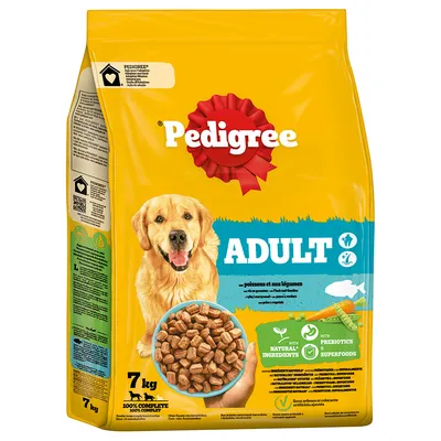 Sac Pedigree Adult 7 kg, croquettes pour chien, saveur poissons et légumes, ingrédients naturels, prébiotiques, superaliments, sans arômes ni colorants artificiels ajoutés.