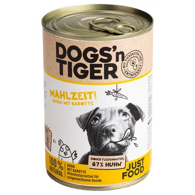 Dogs'n Tiger Mahlzeit! Huhn mit Karotte, hoher Fleischanteil 67% Huhn, 100% natural, Alleinfuttermittel für ausgewachsene Hunde.