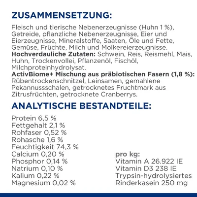 Zusammensetzung: Fleisch, tierische Nebenerzeugnisse, Getreide, pflanzliche Nebenerzeugnisse. Analytische Bestandteile: Protein 6,5 %, Fettgehalt 2,1 %, Feuchtigkeit 74,3 %. Vitamine pro kg angegeben.