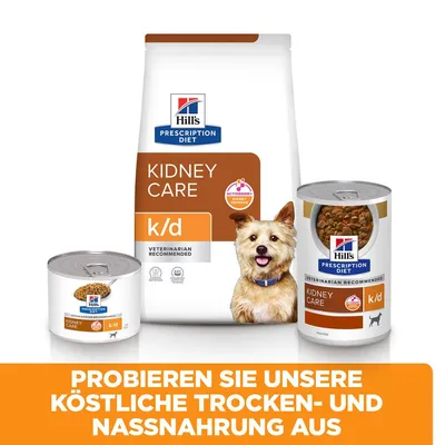 Hill's Prescription Diet Kidney Care k/d, croquettes et pâtée pour animaux. Texte en allemand : Probieren Sie unsere köstliche Trocken- und Nassnahrung aus.