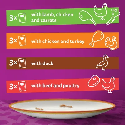 Product contains 3 sachets each: lamb, chicken and carrots; chicken and turkey; duck; beef and poultry. Four flavour varieties shown with icons.