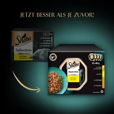 Nouveau packaging Sheba Selection in Sauce Geflügel Variation, 12 x 85 g, avec visuel de pâtée et texte : mit Huhn und Truthahn, mit Huhn, mit Geflügel, mit Truthahn.
