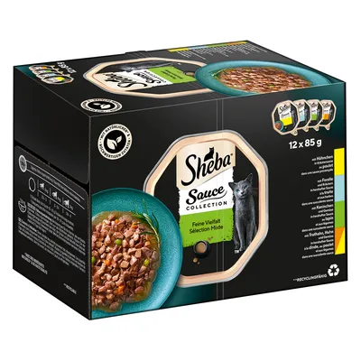 Boîte Sheba Sauce Collection Sélection Mixte, 12 x 85 g. Texte en allemand : Feine Vielfalt. Images de sachets individuels et d’un plat de nourriture pour chat en sauce.