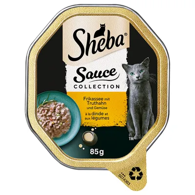 Sheba Sauce Collection, fricassee with turkey and vegetables, 85g. Packaging shows product image and grey cat.
