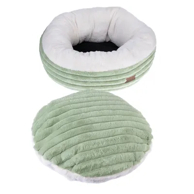 Rundes, grünes Haustierbett mit weissem Innenfutter und abnehmbarem Kissen. Weiches Material mit geripptem Design.