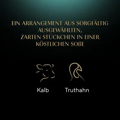 Ein Arrangement aus sorgfältig ausgewählten, zarten Stückchen in köstlicher Sosse. Kalb und Truthahn als Zutaten dargestellt.