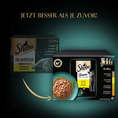 Sheba Sauce Collection baromfi válogatás, 12x85g. Fajták: kacsa, csirke, baromfi, pulyka. Újrahasznosítható, FSC tanúsítvánnyal rendelkező csomagolás.