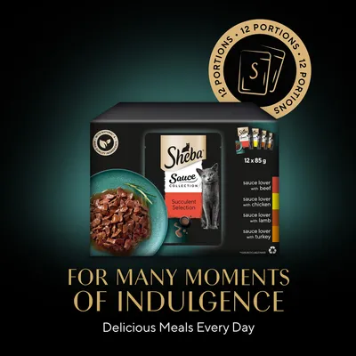 Sheba Sauce Collection Succulent Selection macskaeledel, 12×85 g. Ízek: marha, csirke, bárány, pulyka. Csomagoláson angol szöveg: For many moments of indulgence.
