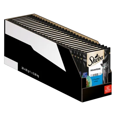 Sheba Delikatesse in Gelee mit Thunfisch, Packung mit 28 x 85 g, Gesamtgewicht 2,38 kg. Verpackung zeigt Produktabbildung und Katze.