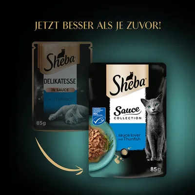 Sheba Sauce Collection, sauce lover mit Thunfisch, 85g. Zertifiziert nachhaltiger MSC-Fischfang. Text: Jetzt besser als je zuvor!